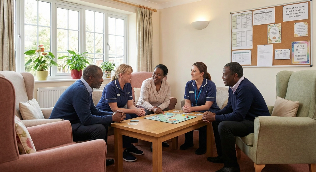 Residents relaxing together in the common area